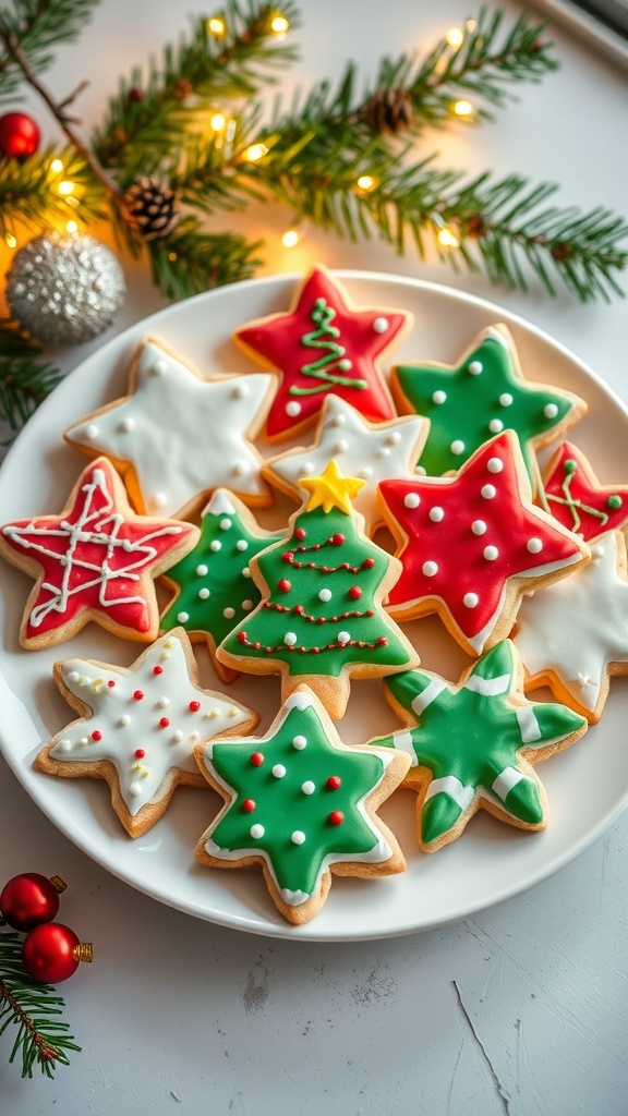 A plate of festive Christmas sugar cookies decorated with icing and sprinkles, surrounded by holiday decorations.